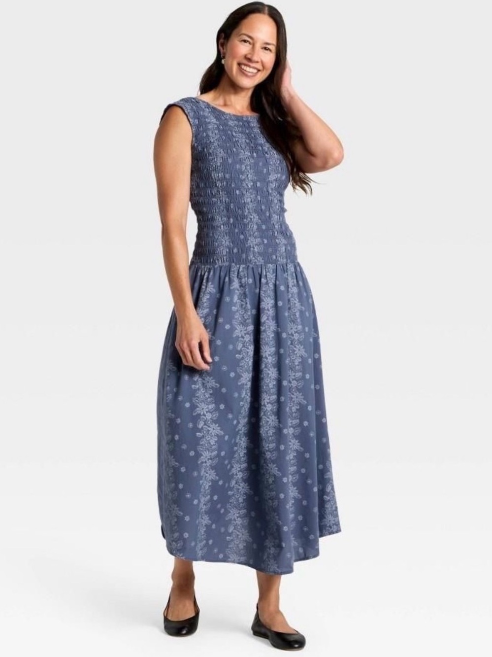 Universal Thread Blue Floral Sleeveless Smocked Midi A-Line Dress - Medium
